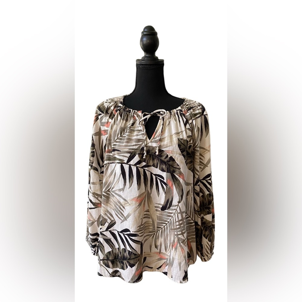 Old Navy: Tropical Leaf Print Blouse with Tie Neck
